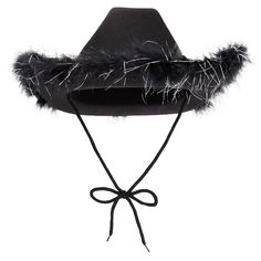 Get ready to ride off into the sunset in style with this black cowgirl hat with feathers! Whether you're headed to a Halloween party, rodeo, festival, or performance, this hat will instantly elevate your costume and show off your western flair. The felt black cowboy hat with feathers is explicitly designed for adults and is perfect for line dancing, bull riding, or running errands around town for that western-flair look. This cowboy hat is made from comfortable and breathable felt that will keep Western Black Costume Hats And Headpieces For Party, Western Black Costume Hats For Festivals, Black Western Costume Hats For Festivals, Winter Party Fedora Costume Hat, Adjustable Black Mini Hats For Western-themed Events, Black Brimmed Mini Hats For Rodeo, Brimmed Black Costume Hat For Western-themed Events, Western Costume Hat For Halloween, Western Black Costume Hats And Headpieces For Rodeo