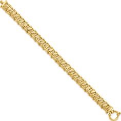 Material:  Primary - Purity: 14KFinish: PolishedLength of Item: 7.5 inChain Length: 7.5 inChain Type: FancyChain Width: 9 mmClasp /Connector: Spring RingFeature: HollowManufacturing Process: Hand MadeMaterial:  Primary: GoldWarranty: Lifetime GuaranteeProduct Type: JewelryJewelry Type: BraceletsSold By Unit: EachBracelet Type: FancyMaterial:  Primary - Color: Yellow Gold Polish, Memorable Gifts, Link Bracelets, Primary Color, Online Jewelry, Bracelet Making, Everyday Essentials Products, Gold Bracelet, Chain Necklace