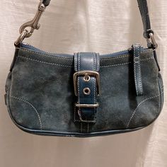 Small Understated Blue Coach Shoulder Bag. Did I Say Small? Yep. But It’s Adorable. Coach Leather Bag, Blue Coach, Canvas Leather Bag, Coach Handbag, Leather Satchel Handbags, Vintage Shoulder Bag, Coach Shoulder Bag, Coach Leather, Black Purses