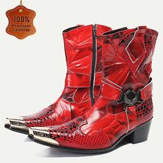 Category:Boots; Upper Materials:Leather,Italian Full-Grain Cowhide; Lining Materials:Leather; Embellishment:Metallic Toe; Gender:Men's; Toe Shape:Round Toe; Outsole Materials:Rubber; Closure Type:Buckle; Function:Warm,Comfortable,Slip Resistant; Listing Date:09/06/2024; 2024 Trends:Retro,Biker boots Western Style Moto Boots For Winter Outdoor, Western Pointed Toe Moto Boots For Winter, Red Boots For Rodeo In Winter, Western Riding Boots For Winter, Western Winter Riding Boots, Fall Outdoor Moto Boots With Snip Toe, Leather Moto Boots With Pointed Toe For Western Events, Leather Moto Boots With Snip Toe For Winter, Red Western Boots For Winter