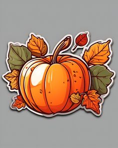 an orange pumpkin sticker with leaves and acorns around it on a gray background