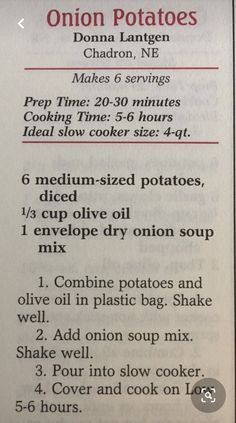 the instructions for making onion potatoes are shown in this recipe book, which shows how to cook them