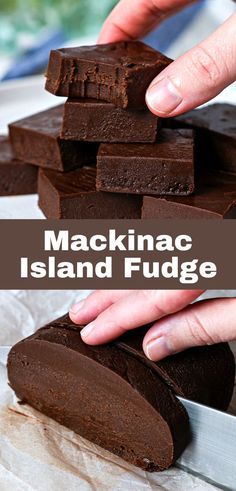 a hand reaching for chocolate fudge on top of a white plate with the words mackinac island fudge