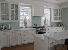 a kitchen with white cabinets and an island in front of the stove top oven is decorated for christmas