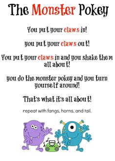 Popsicle Songs Preschool, Spooky Pokey Song, Disney Movement Activities, Monster Gross Motor Activities, Toddler Halloween Lesson Plans, Fall Rhymes, Monster Storytime, Hokey Pokey Song