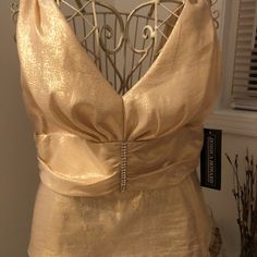 Nwt- Women’s Sleeveless, Gold Blouse With Decorative Waist Band, Deep Plunge Neckline & Back Zip. Size 14, Fits Slightly Small- Size 12. Formal V-neck Camisole, Elegant Spring Camisole Halter Top, Fitted Sleeveless Blouse Halter Top For Evening, Elegant Fitted Cami Halter Top, Elegant Cami Halter Top For Party, Fitted Sleeveless Halter Top For Evening, Elegant Party Halter Top With Cami Shape, Elegant Halter Neck Camisole For Evening, Glamorous Sleeveless Halter Top For Evening