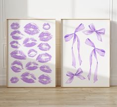 two framed pictures with purple lipstick prints on them, one has a bow and the other has kisses