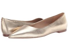 Sam Edelman Wanda - Women's Shoes : Gold : Style your all outfits with the trendy Sam Edelman Wanda flats. Leather upper. Synthetic lining and insole. Slip on closure. Pointed toe. Synthetic outsole. Imported. Measurements: Weight: 6 oz Product measurements were taken using size 9, width M. Please note that measurements may vary by size. Weight of footwear is based on a single item, not a pair. Cheap Gold Pointed Toe Flats, Fall Closed Toe Flats With Metal Feet, Flats With Leather Sole And Medium Width, Slip-on Ballet Flats With Almond Toe, Medium Width Flats With Leather Sole, Fall Ballet Flats With Branded Insole, Pointed Toe Flats With Removable Insole, Medium Width, Pointed Toe Flats With Removable Insole, Fitted Flats With Leather Sole And Closed Toe