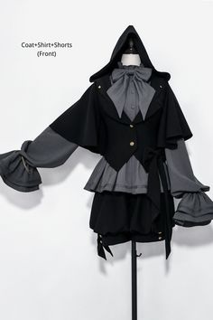 Black Ouji Lolita Coat with Rabbit Ears Hood / Shorts / Gray Ouji Lolita Shirt with Ruffle Neckline Lolita Outfits, 가을 패션, Gothic Lolita, Character Outfits, Blouse Vintage