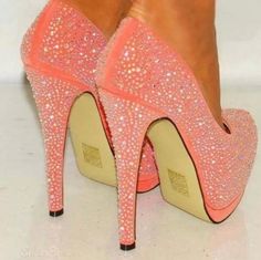 Peach Shoes, Coral Heels, Platform Stiletto Heels, Cute High Heels, Sparkle Shoes, Rhinestone Shoes, Platform Stilettos, Pink Pumps, Shoes Pink