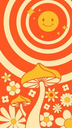 an orange and white poster with flowers and mushrooms in the background, featuring a smiling mushroom