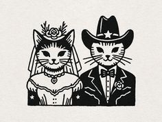 two cats dressed up as bride and groom in black and white paper cutouts