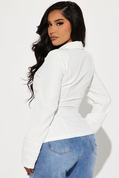 Available In White And Black. Long Sleeve Shirt Button Down Collar Non Stretch Shell: 95% Polyester 5% Spandex Imported | Little Details Padded Shoulder Shirt in White size Small by Fashion Nova Solid Stretch Button-up Tops, White Stretch Tops With Button Closure, White Stretch Top With Button Closure, Chic Stretch Button-up Tops, Fitted V-neck Shirt With Button Closure, White Stretch Button-up Top, White Slim Fit Collared Top, Fitted Solid Tops With Button Closure, Collared Stretch Top With Button Closure