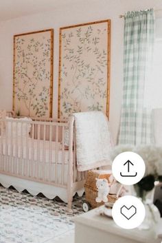 a baby's room is decorated in pastel colors and features floral wallpaper