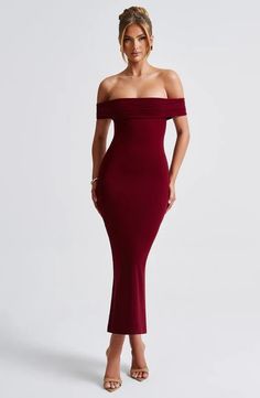 Bex Midi Dress - Burgundy – BABYBOO Bardot Dress Outfit, Homecoming Dresses Corset, Deep Red Dress, 2023 Wishlist, Midi Dress Wedding Guest, Christmas Outfit Ideas, Burgundy Midi Dress, Fit And Flare Skirt, Bardot Dress