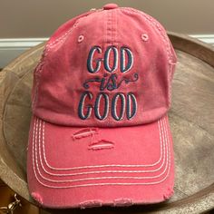 Pink God Is Good Baseball Hat (Distressed) Never Worn Velcro Back Baseball Hat, God Is Good, God Is, Pink Ladies, Baseball Hats, Women Accessories, Baseball, Good Things, Hats