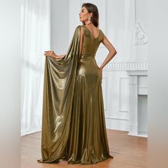 Golden Goddess Gown With Long Shoulder Train, Zipper In Back With Empire Waist Along, Size 12 (Xl) Very Flowy Chiton Dress, Greek Dress Goddesses, Dress For Banquet, Greek Dress, Cocktail Dress Elegant, Cold Shoulder Sweater Dress, Goddess Gown, V Neck Cocktail Dress, Deep V Neck Dress