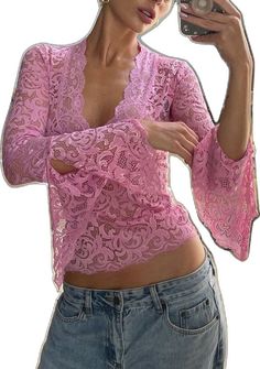 Lace Fashion Trend 2023, Legging Cuir, Lace Tshirt, Lace Top Long Sleeve, Elegant Blouses, Cropped Tops, Lace Crop Tops, Pink Blouse, Long Sleeve Lace