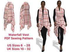 a woman wearing a plaid shawl and black leggings with the text waterfall vest sewing pattern us sizes 6 - 28 uk sizes 10 - 32