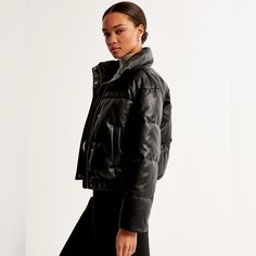 New: The A&F Ultra Collection Vegan Leather Puffer Jacket Black In Large Black Puffer Jacket With Padded Collar For Fall, Black Fall Puffer Jacket With Padded Collar, Black Cropped Jacket With Padded Collar For Fall, Black Puffer Jacket With Padded Collar For Work, Black Workwear Puffer Jacket With Padded Collar, Chic Puffer Outerwear For Fall, Chic Fall Puffer Outerwear, Fall Leather Jacket With Padded Collar, Fall Leather Jacket With Padded Collar For Cold Weather