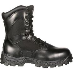 Item No. 2173 These hard-wearing Rocky® Alpha Force Waterproof Public Service Black Boots are made with black full-grain leather and 1000-denier nylon fabric. Rocky Alpha Force boots are tough work boots built to meet the job at hand. These lightweight, strong fabrics hold up even in the most extreme working conditions. Service Boots, Black Work Boots, Mens Waterproof Boots, Rocky Boots, Insulated Boots, Tactical Boots, Shoe Size Conversion, Public Service, Black Laces