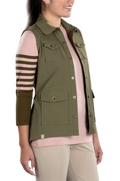 Woman Wearing SwingDish Amari Kaki Vest Product View 1 Vest Designs, Golf Outfit, Wardrobe Staples, Quick Dry, Military Jacket, Final Sale, Golf, Wardrobe, Fabric