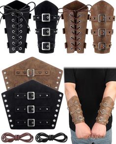 2er Set Paar: Beinhaltet 4 Leder-Armschützer (schwarz und braun) für vielseitiges Styling, perfekt für Halloween Cosplay oder zum Teilen mit Freunden. Verstellbare Passform: Jedes Armband ist 20 cm lang und 24 cm breit, mit verstellbaren Schnürbändern für eine bequeme Passform für die meisten Handgelenkgrößen. Hochwertige Materialien: Hergestellt aus strapazierfähigem Leder und Legierung, die eine dauerhafte Nutzung mit einem angenehmen Gefühl und stilvollem Design gewährleisten. Angenehm zu tra Arm Band Design, Bracers Diy, Arm Gauntlet, Arm Bracers, Leather Cosplay, Armor Cosplay, Leather Gauntlet, Arm Guards, Leather Wrist Cuff