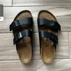 Brand New Pair Of Birkenstock Never Worn. Color Black, Size 41 265 L10 M8. Too Big For Me! Classic Black Sandals With Cushioned Footbed, Comfortable Black Footbed Sandals With Cork-bed Midsoles, Black Flat Slides With Cork-bed Midsoles, Casual Black Footbed Sandals With Buckle Closure, Black Sandals With Cork-bed Midsoles For Vacation, Classic Black Footbed Sandals With Round Toe, Classic Black Flip Flops With Cushioned Footbed, Classic Black Sandals For Vacation, Classic Closed Toe Beach Slides