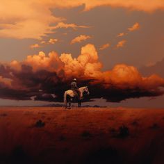 a man riding on the back of a white horse across a field under a cloudy sky