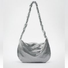 Zara Sparkly Shoulder Bag Beautiful Chic Silver Zara Shoulder Bag, Silver Zara Shoulder Bag For Evening, Zara Silver Evening Shoulder Bag, Zara Silver Shoulder Bag For Evening, Chic Silver Bag For Summer, Chic Silver Bags For Summer, Glamorous Summer Clutch Bag, Trendy Hobo Bag For Party, Trendy Hobo Shoulder Bag For Party