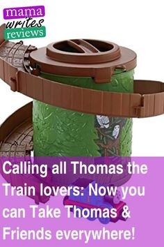 there is a green trash can with the words, calling all thomas the train lovers now you can take thomas & friends everywhere