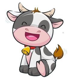 a cartoon cow sitting down with its tongue out and eyes wide open, smiling at the camera