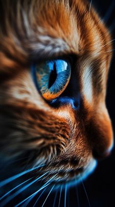 an orange cat's blue eyes are shown in this close - up photo from the side