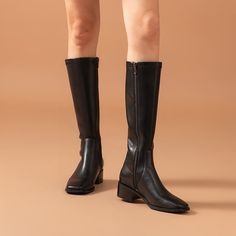 This classic long boot features a square toe cap and a thick heel. The side zipper design makes wearing /taking off easier. It's worth having in your wardrobe. Upper: Cow Leather + PU Lining: 100% Pigskin Insole: 100% Pigskin Outsole: 100% Rubber Heel Height: 4.3 cm Weight: 1.5kg Long Boots For Women, Leather Long Boots, Long Leather Boots, Sacs Tote Bags, Aesthetic Shoes, Knee High Leather Boots, Classic Boots, Pig Skin, Long Boots