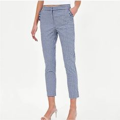 Zara Basic Pants Women's Ruffled Pockets Gingham Plaid Blue/White Classicore Labeled A Size Medium But Fits Best For A Size Small. Please Review The Photos For Measurements - We Do Offer Discount For Multiple Orders. - All Orders Ship Out Within 1 Business Day, So You Can Expect A Quick Delivery Trendy Gingham Bottoms For Workwear, Casual Gingham Ankle-length Pants, Casual Houndstooth Pattern Bottoms For Spring, Casual Houndstooth Pattern Summer Pants, Casual Houndstooth Pattern Pants For Summer, Casual Houndstooth Pants For Summer, Chic Gingham Cotton Bottoms, Gingham Ankle-length Spring Pants, Plaid Ankle-length Pants For Spring