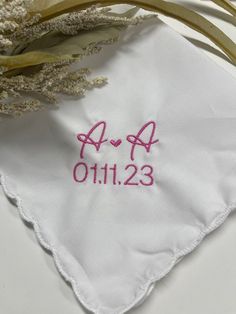 White Wedding Handkerchiefs With Custom Embroidery, White Handkerchiefs With Custom Embroidery For Wedding, Wedding Handkerchiefs With Machine Embroidery, White Handkerchiefs With Embroidered Text For Gift, Embroidered Pink Handkerchiefs For Wedding, White Handkerchiefs With Embroidered Text As Gift, Embroidered Pink Handkerchiefs For Gifts, Pink Embroidered Handkerchiefs For Wedding, Pink Embroidered Handkerchiefs For Gift