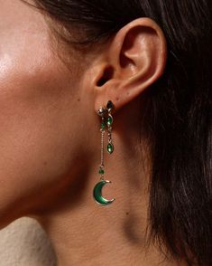 Materials: platinum plated brass, green resin Measurements: 55mm/2" in length, 14mm/0.5" in width Dangle Earrings Aesthetic, En Route Jewelry, Earrings Aesthetic, Star Moon, Dangly Earrings, Dangling Earrings, Fall 2024, Piercings, Platinum