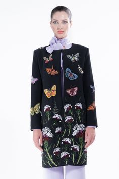 'Millions of Butterflies & Ottoman Carnation' Classic Collarless Coat -  - Libertine Elegant Multicolor Formal Outerwear, Tailored Multicolor Formal Outerwear, Spring Formal Multicolor Outerwear, Multicolor Formal Spring Outerwear, Multicolor Formal Outerwear For Spring, Elegant Multicolor Silk Outerwear, Designer Tailored Embellished Outerwear, Designer Spring Evening Blazer, Designer Evening Blazer For Spring