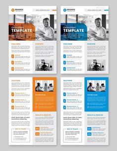 three fold brochure templates with orange and blue accents