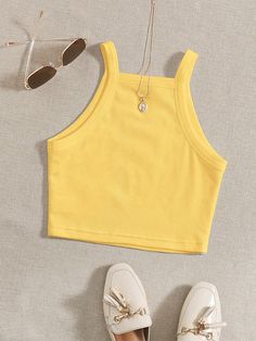 Yellow Casual Collar  Knitted Fabric Plain Cami Embellished Slight Stretch Summer Women Clothing Top Amarillo, Marvel Dr, Nice Clothes, Simple Top, Hair Band For Girl, Cropped Cami, Headband Styles, Cami Crop Top, Halloween Kostüm