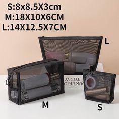 three different types of toiletries in black bags