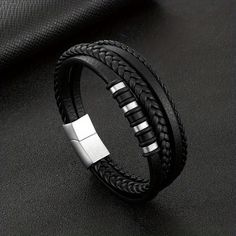 Men Fashion Punk Layered Braided Leather Bracelet Adjustable Stainless Steel Edgy Bracelets, Modern Black Stainless Steel Cuff Bracelet, Black Leather Punk Bracelets, Masculine Black Stainless Steel Bracelets, Masculine Black Leather Bracelet With Stainless Steel, Casual Black Stainless Steel Braided Bracelet, Senator Wears, Couples Accessories, Leather Bra