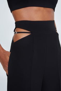 Stretch Crepe High Waisted Pant with Waist Cut and Buckle Detail Maxi Dress Cocktail, Stretch Crepe, Knitwear Tops, Dress Backs, High Waisted Pants, Jumpsuit Dress, Black Pants, Gowns Dresses, Evening Gowns