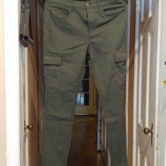 Size 28, Olive, Approx 37" Long, 2 Side Pockets Mid-rise Fitted Utility Pants, Mid-rise Fitted Cargo Pants, Fitted Mid-rise Utility Pants, Fitted Mid-rise Cargo Pants, Mid-rise Stretch Green Cargo Pants, Green Mid-rise Stretch Cargo Pants, Green Stretch Mid-rise Cargo Pants, Fitted Mid-rise Work Pants With Pockets, Fitted Full Length Green Cargo Pants