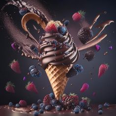 an ice cream cone with chocolate and strawberries in it, surrounded by splashing chocolate