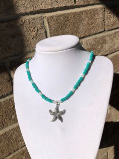 This beaded starfish necklace is made with 6mm turquoise color glass seed beads, 6mm pearl white glass seed beads, a silver plated starfish charm & finished with a stainless steel lobster clasp. Beaded Starfish, Women Necklaces, Starfish Pendant, Starfish Necklace, Gifts Jewelry, Women Gifts, Necklace Beaded, Glass Seed Beads, Beaded Jewelry Diy