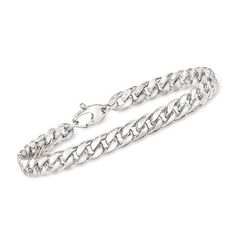 Ross-Simons - Italian 14kt White Gold Cuban-Link Bracelet. 7.25". Here's a classic bracelet from Italy. On it, stately Cuban links wrap the wrist in high-polished 14kt white gold. Add this bright beauty to your rotation for a look that endures. Lobster clasp, 14kt white gold Cuban-link bracelet. Classic White Gold Cuban Link Sterling Silver Bracelet, Classic Chain Tennis Bracelet, Classic Link Chain Tennis Bracelet, Classic Diamond Bracelet With Chain, Classic Link Diamond Bracelet For Anniversary, Classic Curb Chain Bracelet, Classic Cuban Link Box Chain Bracelet For Formal Occasions, Classic Round Cuban Link Bracelet With Polished Finish, Classic White Gold Link Tennis Bracelet