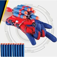 a spider man glove is shown in front of a white background with an orange and blue design on it