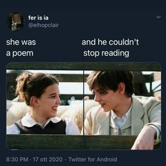 two people sitting on a bench and one is talking to each other with the caption she was a poem and he couldn't stop reading