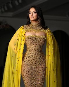 Luxurious Dresses, Ankle Length Dress, Column Dress, Cape Dress, Fashion House, Mermaid Dresses, Couture Dresses, Party Fashion, Yellow Dress